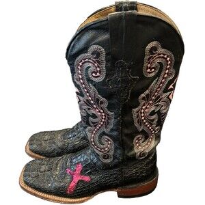 Ferrini Women’s Jesse Black Caiman Print Leather Western Boots Pink Cross SZ 9